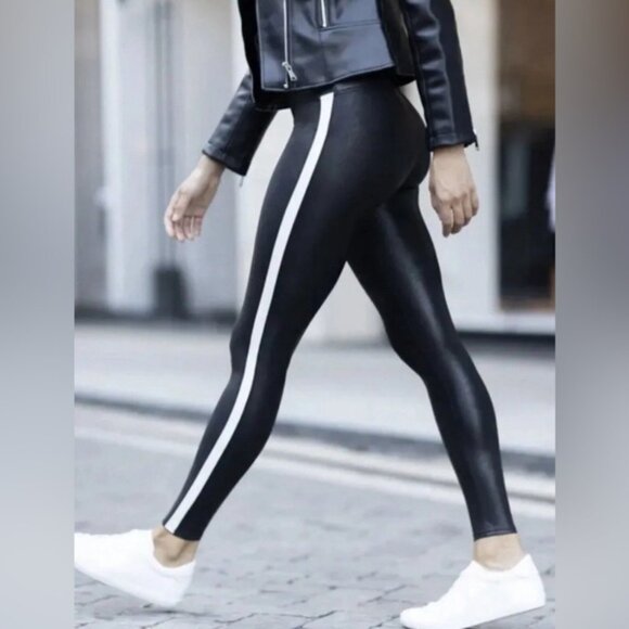 NWT‎ SPANX Shine Black Faux Leather White Stripe Legging 20187P PLUS Size 3X - Picture 2 of 15
